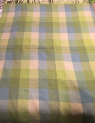 Vintage North Star Green Blue Plaid Wool Blanket Satin Trim 68 X 88 2