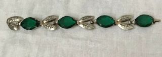 Vintage Art Deco Sterling Silver Bracelet Big Green Glass Paste Stones? Leafs