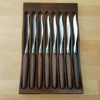 Vintage Mid Century Modern Wood Handle Steak Knives - Set Of 8 - Fleetwood Designer