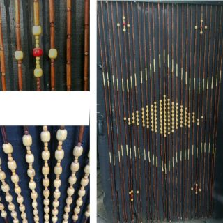Vintage Bead Door Curtain Bamboo Wood Hippie Boho Groovy Room Divider