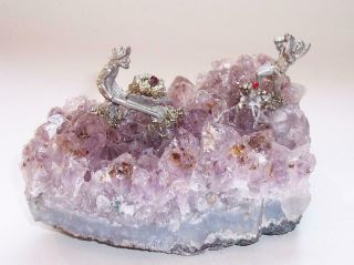 Vintage Pewter Gem Miners On Large Purple Amethyst Gemstone Cluster Ornament