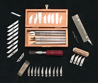 Vintage X - Acto Knife Set With Box,  6 Knifes,  Razor Saw & 35,  Blades