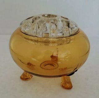 Vintage Viking Glass Flower Frog Amber Flowerlite Bowl Vase Mcm 007 Candle