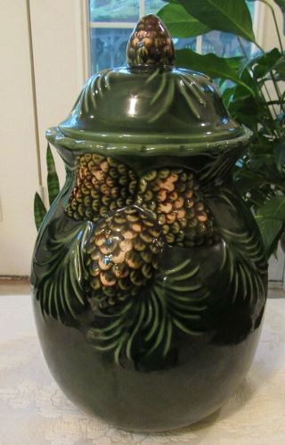 Vintage Large Forrest Green Cookie Jar Decorated With Pine Cones