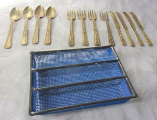 Vintage Baby Childs,  Doll Toy Silverware Set Goldplate Color With Metal Basket