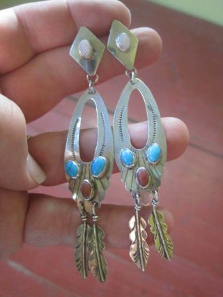 Vintage Navajo Native Sterling Silver Turquoise Coral Earrings Signed M