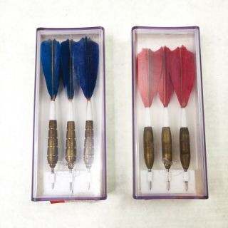Vintage Unicorn Darts With Feather Flights Red Blue Boxed Made In England Metal