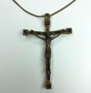 E Vtg Handmade Mid Century 60s Brass Copper Art Enamel Crucifix Cross Jesus Boho
