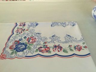 Vintage Red And Blue Roses Tablecloth White Background Blue & Red Trim 80” X 54”