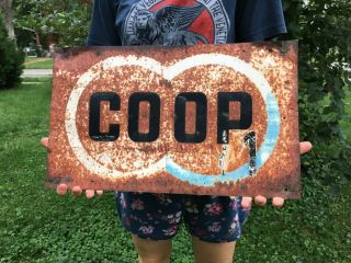 Vtg Tin Coop Co Op Motor Oil Gas Farm Seed Feed Metal Sign Double Circle Rustic