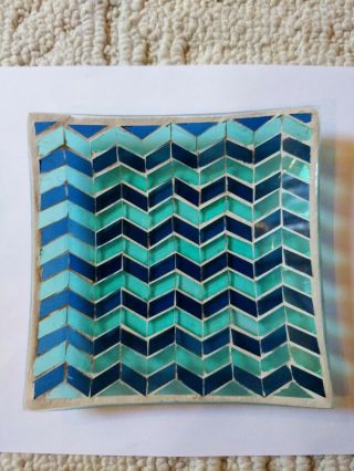 Vintage Mid Century Modern Blue Green Mosaic Glass Tray Dish Handcrafted