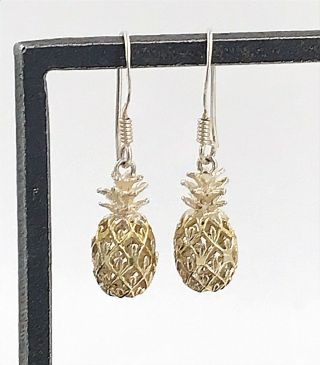 Vintage.  925 Sterling Silver 2 - Tone Petite Filigree Pineapple Wire Earrings