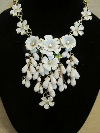 Vintage White Enamel Flowers & Bead Statement Necklace - Repurposed Ooak