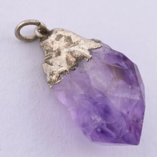 Vintage Sterling Silver Rough Cut Natural Raw Amethyst Pendant Charm