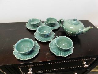 Woodfield Tea Set 5 Cups,  5 Dishes And Tea Top Green Vintage