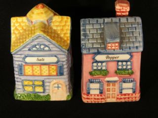 Vintage Ceramic Avon Red And Blue Victorian Houses Salt And Pepper Shaker Set