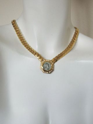 Vintage Gold Tone Rhinestone Greek Coin Choker Chain Necklace
