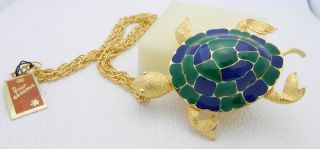 Vtg Four Seasons Gold Tone Blue Green Enamel Turtle Pendant Necklace