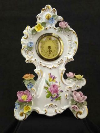 Vtg Mercedes Dresden Mantel Clock Porcelain Mid - Century Rococo Floral Germany
