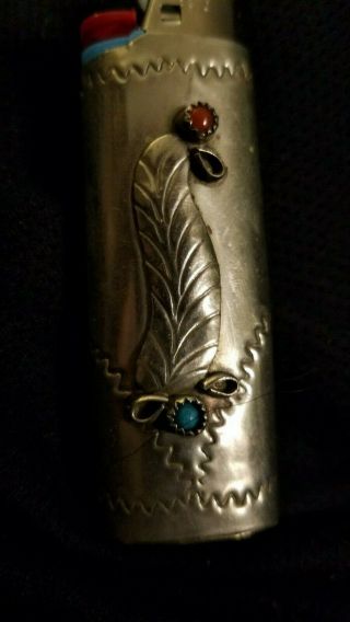 Vtg Holder Native American Sterling Silver Stamped Bic Lighter Case Cover Coral