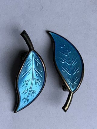 Vintage David Andersen Turquoise Enamel & Sterling Silver Leaf Clip On Earrings