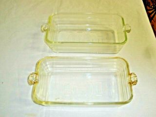 (2) Vintage Glasbake 59 Art Deco Clear Glass Loaf Baking Pans W/ornate Handles