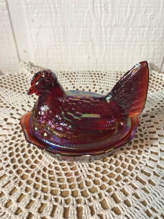 Vintage Fenton Red Carnival Glass Nested Hen Awesome Color Nr