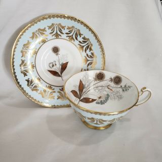 Vintage Royal Grafton Teacup And Saucer Blue Gold Gilded Wildflowers