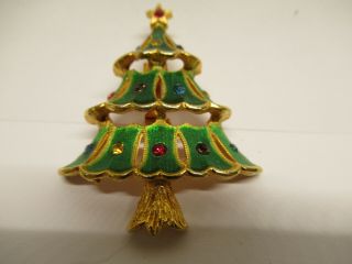 Vintage Signed Jj Enameled Rhinestone Christmas Tree Pin Broach