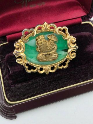 Vtg Brooch Chinese Export Theme Inspired Immortal W Manuscript Green Jade Glass