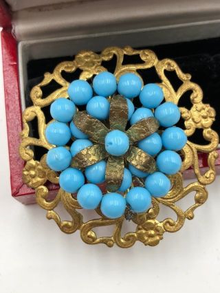 Vtg Turquoise Glass Beaded Wired Brass Filigree Brooch Pin Lrg Flower Floral 3d