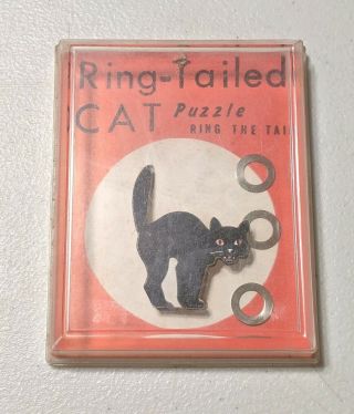 Vtg Mid Century Ring Tailed Cat Puzzle Dexterity Game Halloween Black Cat Toy