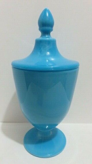 Vintage Blue Opaline Milk Glass Urn Shape Covered Candy Dish Maker Unknown