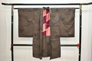 Vintage Silk Kimono Jacket:1950s Meisen Dark Brown Kikkyou Flower@ym70