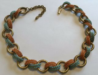 Vintage Crown Trifari Signed Coral And Turquoise Rhinestone Necklace