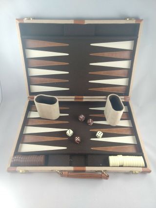 Vintage Backgammon Set Brown Faux Leather And Tan Flocking Complete.
