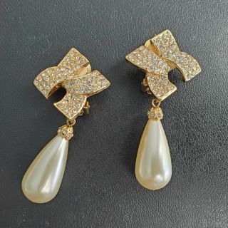 Signed Kjl Kenneth Jay Lane Vintage Pearl Drop Modernist Crystal Earrings P65