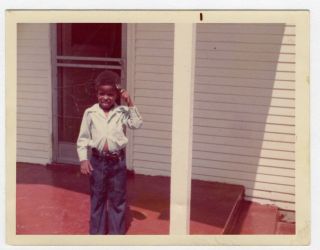 Vintage Photo Boy Combing Hair African American Found Art 1970 