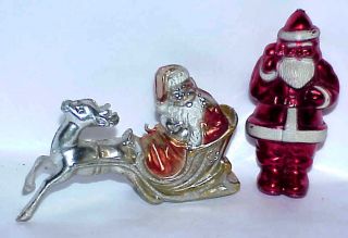 2 Vintage Metallic Hard Plastic Santa & Irwin Santa & Sleigh Christmas Ornaments