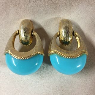 Vintage Pauline Rader Gold Tone Faux Turquoise Clip On Earrings