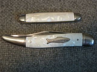 2 - Vintage Set Imperial Fish Knife 2 Blades Pearl Handle & Push Blade Matching