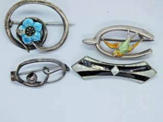 Four Vintage Art Nouveau Silver,  Enamel Charles Horner Style Brooches.