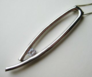 Fine Vtg Sterling Silver Cz Cubic Zirconia Modernist Necklace Pendant & Chain