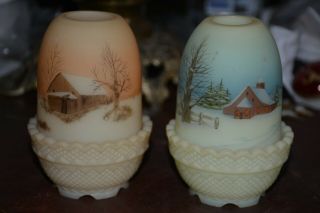 2 Vintage Handpainted Signed Fenton Custard Glass Fairy Lamps Barn Scenes Wow
