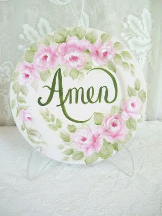Bydas Amen Plaque W Stand Pink Roses Hp Hand Painted Chic Shabby Vintage Cottage