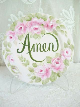 byDAS AMEN PLAQUE w STAND PINK ROSES hp hand painted chic shabby vintage cottage 2