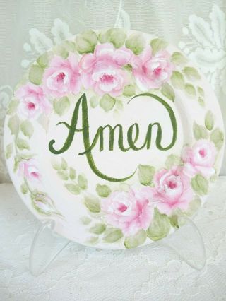 byDAS AMEN PLAQUE w STAND PINK ROSES hp hand painted chic shabby vintage cottage 3