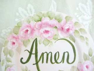 byDAS AMEN PLAQUE w STAND PINK ROSES hp hand painted chic shabby vintage cottage 5