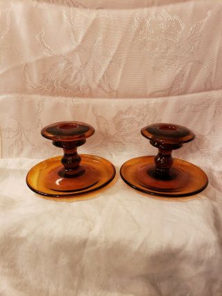 Set Of Two Vintage Dark Amber Depression Glass Candlestick Holders