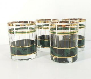 4 Vintage Mid Century Modern Whisky Glasses Gold Rim Green Marble Stripe Scotch
